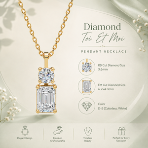 Collier pendentif de luxe élégant Toi et Moi pour fiançailles et mariage avec diamants de laboratoire ronds et baguettes en or 10 carats blanc incolore - Product Image 5