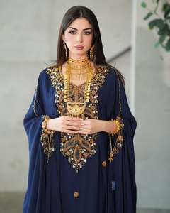 Kaftan long Awais House pour femme, bleu marine, brodé, en polyester, coupe ample, col cœur, manches longues, style Moyen-Orient - Product Image 6