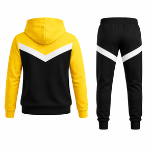 Conjunto de chándal con capucha y rayas en V en amarillo y negro para hombre, con chaqueta con cremallera y pantalones deportivos ajustados, ropa deportiva estilo streetwear - Product Image 3