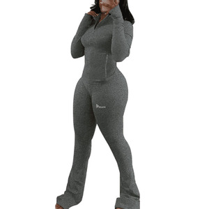 Combinaison longue zippée pour femme, gris uni, col en V, manches longues, tenue décontractée avec poches latérales, tissu respirant en coton et élasthanne - Product Image 3
