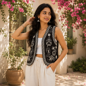 Gilet en coton noir brodé de fleurs pour femme, sans manches, style bohème ethnique, ouvert sur le devant, vêtement décontracté, personnalisable OEM ODM - Product Image 2
