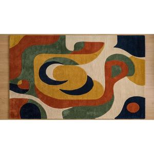 Tapis en laine tufté à la main abstrait multicolore, jaune moutarde, vert rouille, bleu marine, ivoire, à poils ras, pour décoration moderne de salon - Product Image 5