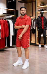 REXFIT SPORTS 2026 Ensemble short et chemise personnalisés pour homme en nylon rouge, chemise à manches courtes boutonnée à motif ton sur ton et short à cordon de serrage - Product Image 5