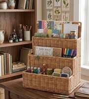 Panier de rangement à 4 niveaux en rotin naturel tissé à la main, style étagère, avec plusieurs compartiments pour dossiers, livres, magazines