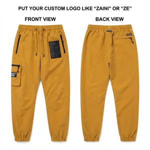Men Windbreaker <b>Pants</b> Premium Nylon Fabric 120 GSM Mustard <b>Cargo</b> <b>Joggers</b> Elastic Cuffs Custom Raised Rubber Patch Logo Casual - Product Image 1