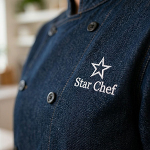Veste de chef en denim longue moderne personnalisée, vêtements de travail de cuisine, uniforme de cuisinier exécutif extensible - Product Image 5