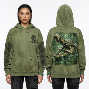 Sudadera con capucha personalizada gris con estampado de calavera radioactiva de riesgo biológico y verde tóxico, de forro polar grueso con lavado ácido, estilo streetwear, venta al por mayor - Product Image 2