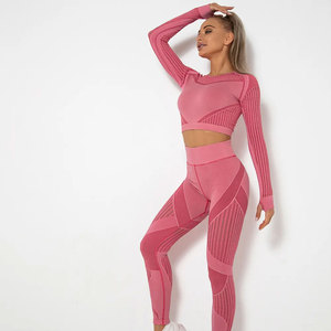 Pink 2 Piece Yoga Set Racerback Square Neck Seamless Ribbed Crop <b>Top</b> High Waist Full Length Leggings Solid Color Four Way - Product Image 1