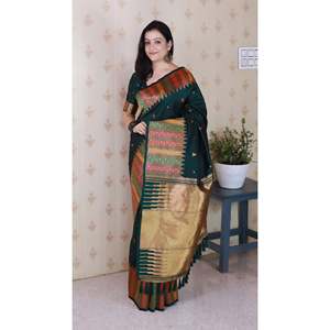 Sari de Seda Suave Verde Botella Elite Weaves con Bordado Meenakari y Zari, con Borde de Templo, Vestidos Elegantes de Noche, 650g - Product Image 2