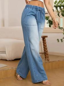 Nouveau style personnalisé – Jean droit en denim pour femme, taille haute, jambe large, décontracté, délavage vintage, coupe ample, pantalon tendance – Vente en gros - Product Image 4