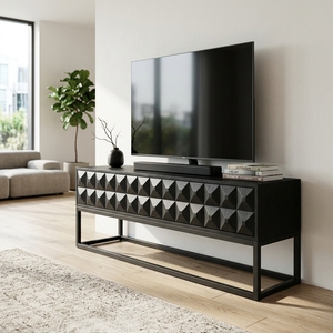 Dice Low TV Cabinet <b>Black</b> Modern Wooden Media <b>Console</b> Entertainment Center Geometric Diamond Pattern Carved Facade Metal Base - Product Image 3