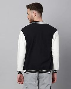 <b>Men's</b> Black And <b>White</b> Varsity <b>Jacket</b> Regular Fit Preppy Style Pullover Cotton Polyester Blend Solid Color Turn-down Collar - Product Image 1