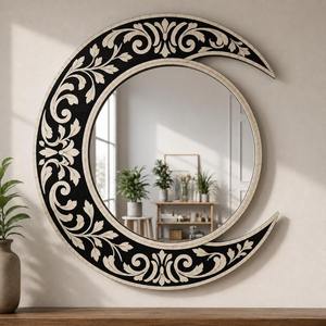 Miroir mural en forme de lune avec incrustation d'os fait main, design floral noir et blanc, cadre en bois décoratif pour la décoration de la maison - Product Image 1