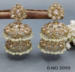 Twini ต่างหูโคมระย้า polki mehandi jhumki คลาสสิก A-7 SKU 2055ของผู้หญิงที่มีการออกแบบลายดอกไม้ทองเหลืองประดับทับทิม - Product Image 4