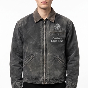 Veste zippée en toile épaisse noire délavée style vintage avec broderie boussole, coupe oversize, style workwear et streetwear rétro pour homme - Product Image 1