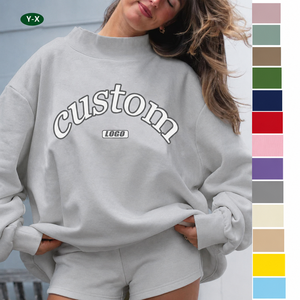 Sweat-shirt oversize à col montant et épaules tombantes pour femme, 100 % coton tricoté, imprimé lettres sur le devant, style automne - Product Image 1