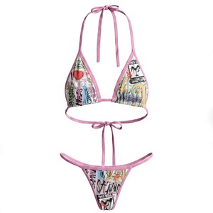 Women Sexy <b>Bikini</b> <b>Set</b> GSM Stretch Polyester Spandex Graffiti Art Print Contrast Binding Tie Style Custom Logo Women <b>Bikinis</b> <b>set</b> - Product Image 2