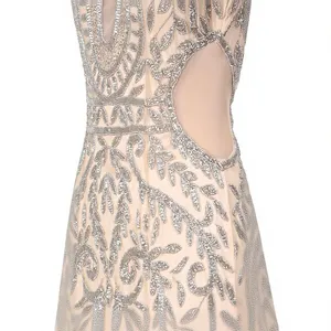 Glamorous Nude Beige Thigh Slit <b>Prom</b> Gown - Luxury <b>Silver</b> Beads Sleeveless Cutout Mermaid Evening <b>Dress</b> - High-End Cocktail Part - Product Image 6