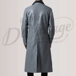 <b>Mens</b> Premium <b>Grey</b> Leather Trench Coat Long Winter <b>Overcoat</b> with Inner Zipper Layer Genuine Leather Double Collar Jacket - Product Image 2