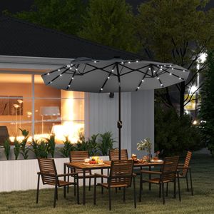 Parasol de patio extérieur double face de 9,7' avec mécanisme d'inclinaison et manivelle, éclairage solaire LED, 12 baleines, gris - Product Image 2