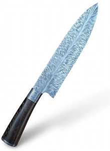 Couteau de chef Santoku en acier Damas à motif plume, fabriqué à la main, style japonais, couteau de cuisine pour trancher, manche en bois de rose - Product Image 4