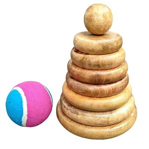 Jeu de Lagori en bois à sept pierres rondes MUREN, 1 balle, pour enfants/adultes, jeu d'empilage traditionnel indien artisanal - Satoliya - Product Image 1