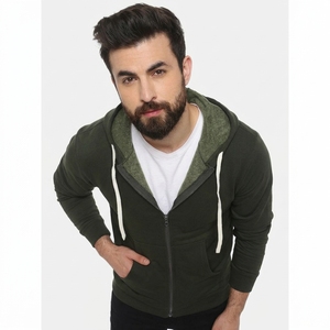 Custom Men's Olive Green Zip-Up Hoodie Regular Fit Cotton French Terry Casual Sweatshirt with Pocket and <b>White</b> Drawstrings - Product Image 5