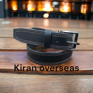 Ceinture en cuir de buffle véritable, double couture, décontractée, durable, noire, de haute qualité - Product Image 2