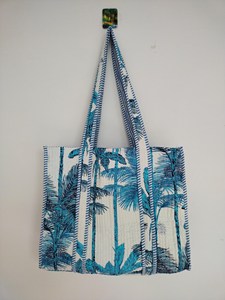 Sac fourre-tout en coton rayé bleu avec imprimé palmier, style bohème, sac de plage ouvert, sac à bandoulière pour femme, été - Product Image 1