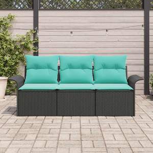 Ensemble de jardin 3 pièces en polyrotin noir et bleu avec canapé à coussins manuels - Product Image 3