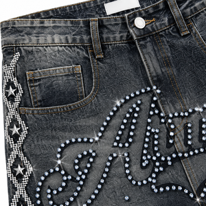 Shorts en jean personnalisés brodés de strass pour hommes, style vintage délavé, coupe ample, streetwear, OEM ODM, vente en gros - Product Image 5