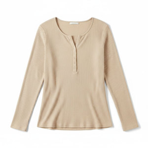 Women's Athleisure Ribbed Long Sleeve Top Snap Button Notch Neck Soft Stretch Fabric Custom <b>Label</b> OEM Wholesale Supplier - Product Image 4