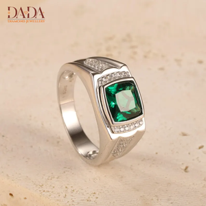 Men's White Gold Signet Ring With <b>Emerald</b> Cut Green Stone And Diamond Accents Everyday Wear Style - Product Image 1