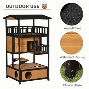Maison pour chat en bois d'extérieur avec plateforme de saut jaune, abri pour chats errants, condo pour chatons, portes d'évasion et toit en asphalte - Product Image 5