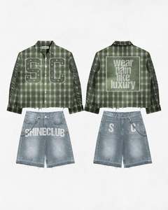 Plaid Denim <b>Shirt</b> Set Rhinestone <b>Patchwork</b> Turn-down Collar Button-up Casual Streetwear Outfit for Men - Product Image 1