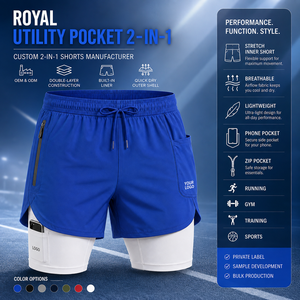 Shorts de course pour hommes personnalisables en gros, couleur bleu uni, taille mi-haute, cordon de serrage, séchage rapide, sportifs, avec logo sur les poches - Product Image 6