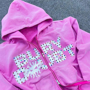 Customized Unisex Winter Oversized Hoodie Zipper Front Glitter Print Rhinestone Digital Printing Streetwear French Terry Cotton - Product Image 2