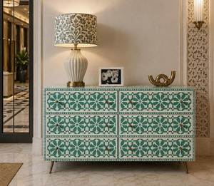 Commode et armoire de rangement de luxe en bois massif noir avec incrustations d'os, 3 tiroirs, motif floral traditionnel fait main, pour chambre à coucher - Product Image 6