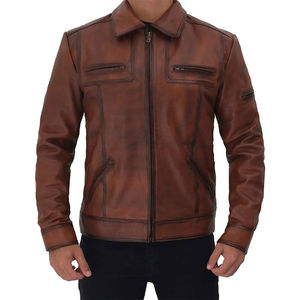 Customize Men's Brown Genuine <b>Leather</b> <b>Biker</b> <b>Jacket</b> Stand Collar Zipper Waterproof High Street Winter - Product Image 2