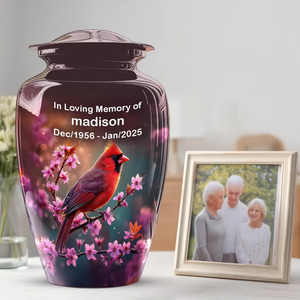 Dark Glossy Cremation Urn <b>Memorial</b> <b>Keepsake</b> Vase Portable Metal Urn Bird and Floral Decorative Ash Holder - Product Image 2
