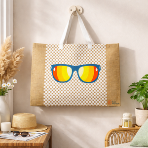 Sac fourre-tout en toile de jute avec poignée en PU |   Sac à bandoulière élégant et écologique à motif de lunettes de soleil pour les voyages, la plage et le shopping - Product Image 3