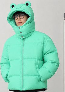 Blouson matelassé à capuche grenouille mignon, vert, broderie dessin animé, chaud et épais pour l'hiver, manteau décontracté unisexe, coupe régulière, fermeture éclair - Product Image 2