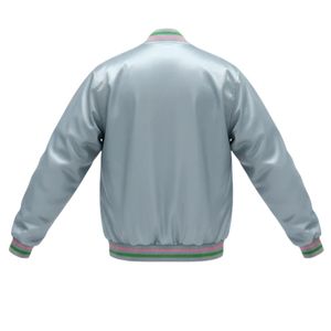 Chaqueta Bomber Plateada Satinada Unisex con Ribete Rosa y Verde, Bordado Chenille con Letras Griegas, Estilo Universitario Premium, Transpirable y Acabada - Product Image 2