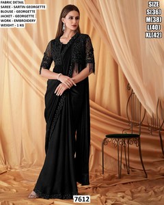 Emerald Royale <b>Black</b> <b>Satin</b> Georgette Saree Embroidered Jacket <b>Blouse</b> Floor Length Quick Dry Elegant Wedding Wear for Women 7612 - Product Image 1
