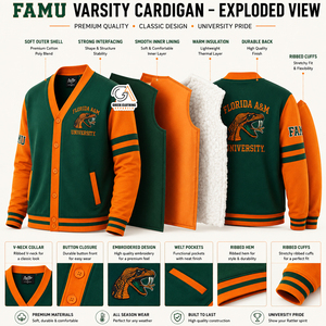 FAMU |   Cardigan brodé avec logo, vert et blanc, manches longues, couleur unie, hiver, anti-rides, 100% polyester, respirant, pour homme - Product Image 5