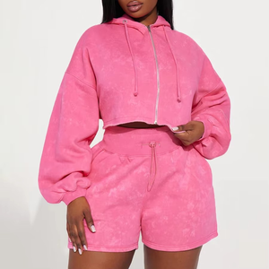 Conjunto de Sudadera con Capucha y Cremallera con Logotipo Personalizado, Lavado Ácido, Hombros Caídos, y Pantalones Cortos con Cordones y Cintura Elástica para Mujer - Product Image 4
