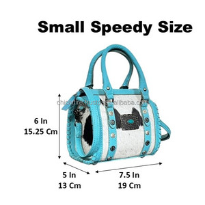 กระเป๋าหนังแท้สไตล์ตะวันตกแบบ OEM  ตกแต่งด้วยขนสัตว์  ขนาดเล็ก  ทรง Speedy  พร้อมหูหิ้วและสายสะพายข้าง  ประดับหมุดและ Concho  ดีไซน์หรูหรา - Product Image 2