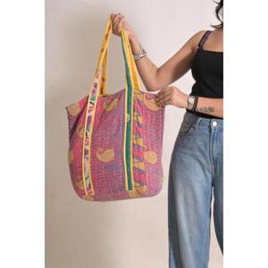 Lavinas Handmade Cotton Kantha Vintage Printed Boho Summer Shoulder Shopping Tote Bag Rajasthan Open Closure Market Grocery - Product Image 2