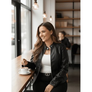 Blouson moto en cuir double face imprimé pour femme, manches longues, col montant, fermeture éclair, style motard noir, pour l'automne, couleur citrouille - Product Image 2