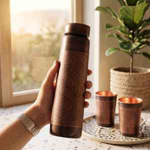 Bouteilles en cuivre gaufré de qualité supérieure avec laque noire |   Bouteilles d'eau en cuivre ayurvédiques artisanales avec finition noire, vaisselle moderne - Product Image 1